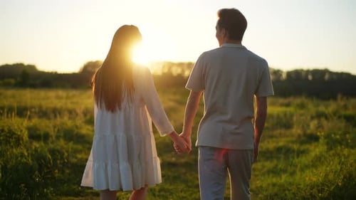 Rückansicht eines glücklichen jungen Paares, das sich gegenseitig die Hand nimmt und über das Feld in Richtung