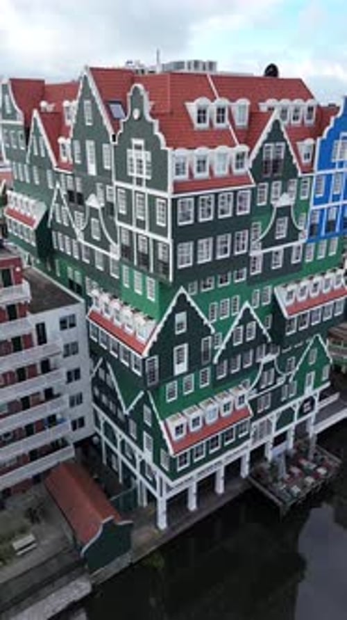 Aerial view of colorful houses in a row in Zaandam, modern buildings of Zaandam in North Holland