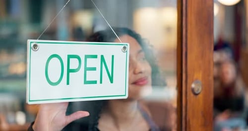 Door closed sign, happiness and restaurant woman, small business owner or employee end service