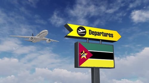 The Plane Is Flying Over The Departures Sign And Mozambique Flag