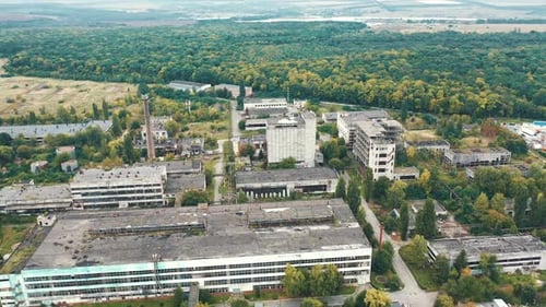 Big factory buildings drone view. Cement industrial factory building equipment.