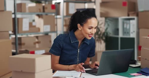 Laptop, smile and supply chain with woman in office for delivery, distribution