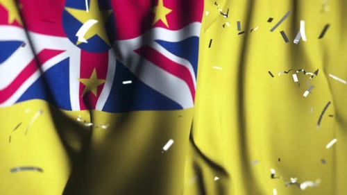 Realistic Waving National Flag with Falling Silver Confetti