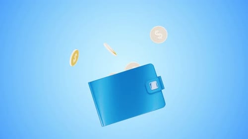 Coins fly out of the wallet. Animation. Credit. Receiving the money. Payment. Money transfer. Money