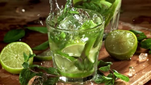 Ice Falls Into a Mojito Cocktail Filmed on a Highspeed Camera at 1000 Fps