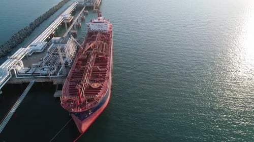 Aerial View of a Tanker is Loading in Oil Berth Harbour Terminal