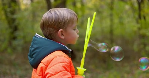 Happy Caucasian Child Playing with Soap Bubbles in a Fall Park