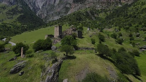 Medieval Battle Towers on the Slope of the Mountains in the Village of Keni Caucasus Ossetia The