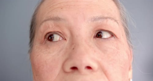 Close-up of elderly woman's face with focus on eyes and wrinkles