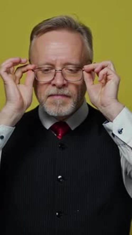 Mature Man Puts on Glasses and Crosses Eyes