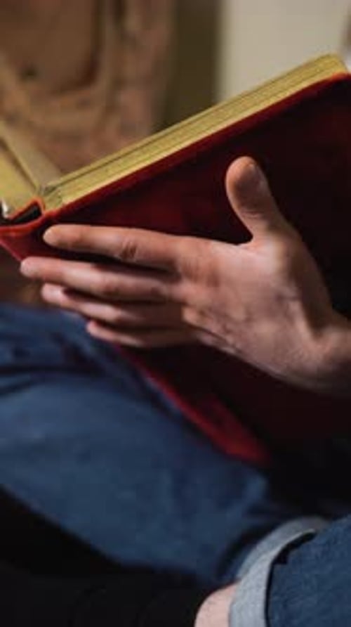 Person Reading a Red and Gold Book