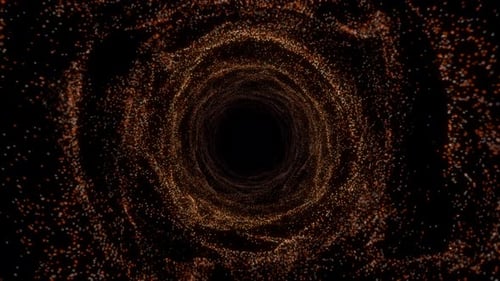 Abstract swirling particles tunnel with circular vortex of glowing dots on a deep black background