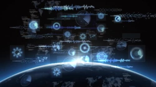 Animation des Scannens von Zielfernrohren, der Weltkarte, der Datenverarbeitung auf Bildschirmen über dem Globus mit leuchtendem Horizont