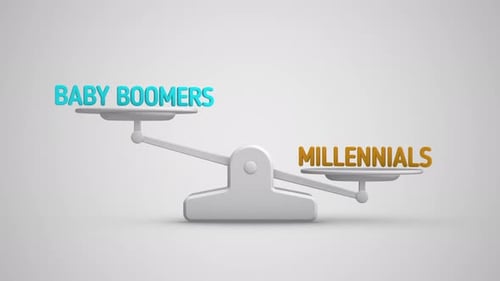 Animação em loop em escala de equilíbrio Baby Boomers vs Millennials
