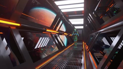 The Alien Slowly Walks Along the Corridor of the Spaceship View of the Red Planet Red Neon Lighting