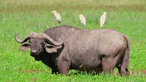 Un búfalo africano solitario está de pie con varias garcetas ganaderas en el lomo