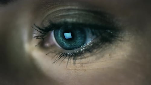 Eye, cyber security or programmer woman at night thinking for UX SEO software