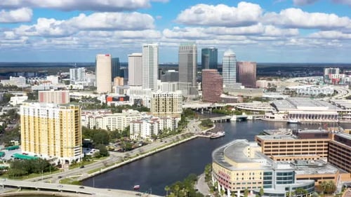 Tampa Bay Skyline in Florida, Establishing Aerial View with Copy Space