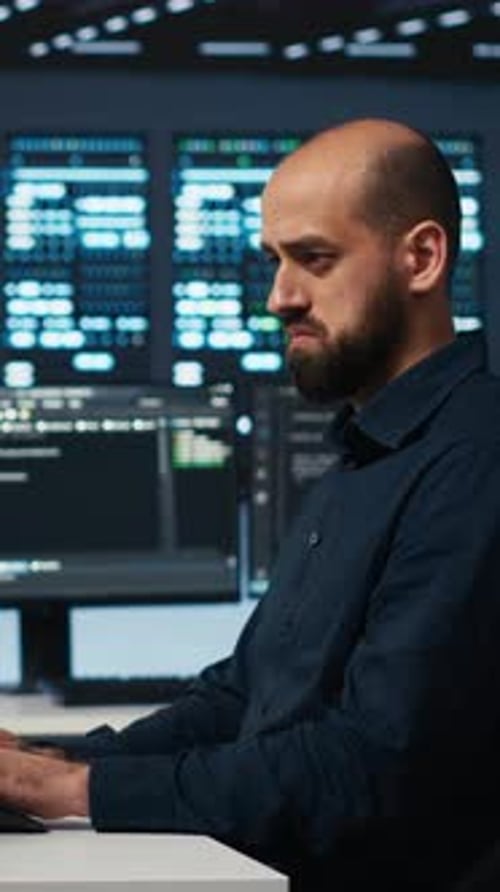 Man Coding at Computer in Dark Office