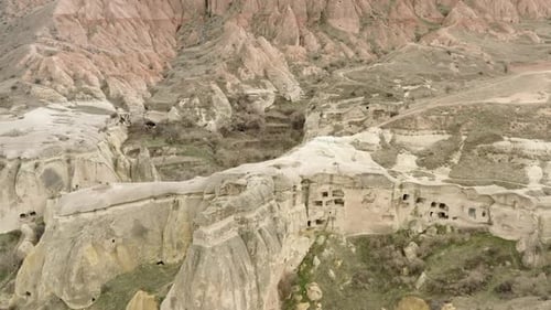 Aerial video of a cave house in the village of Uchisar, Cappadocia, Turkey