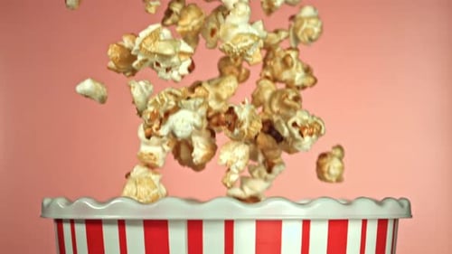 Fliegendes Popcorn in Superzeitlupe, gefilmt mit einer Hochgeschwindigkeitskamera mit 1000 Bildern pro Sekunde