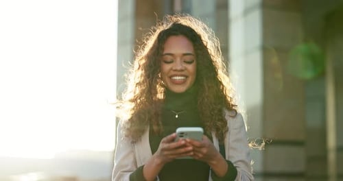 City, walking and woman with a cellphone, typing and social media with connection