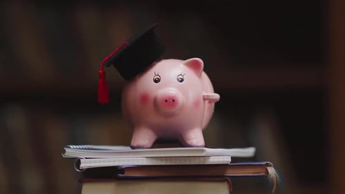 Pink piggy bank with graduation cap and pencil symbolizing student loan debt in university library