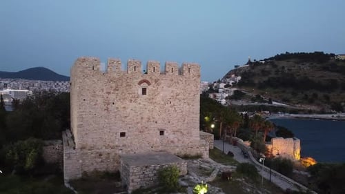 a small castle among palm trees in the middle of the island