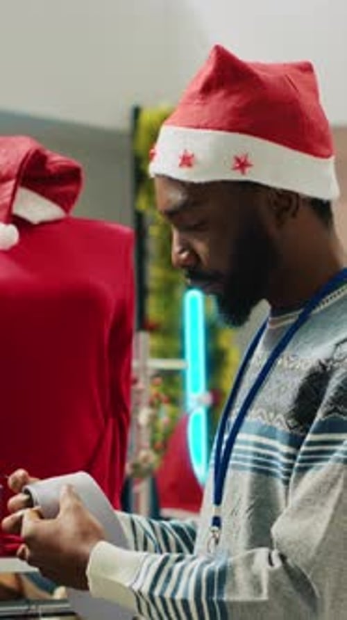 Vertical Video Manager Wearing Santa Hat in Store