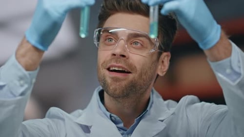 Laboratory Worker Looking Test Tubes Satisfied Research Results in Lab Close Up