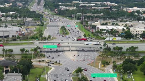 Freeway Diverging Diamond Junction with Fast Moving Traffic Cars in Sarasota Florida Interstate