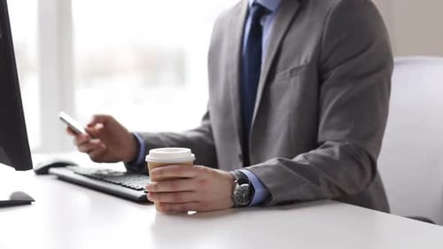 People, Business, Technology and Office Work Concept - Close Up of Businessman