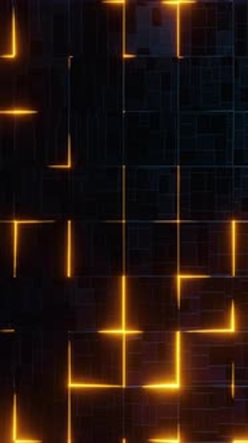A dark background with yellow lines and squares. Vertical looped animation