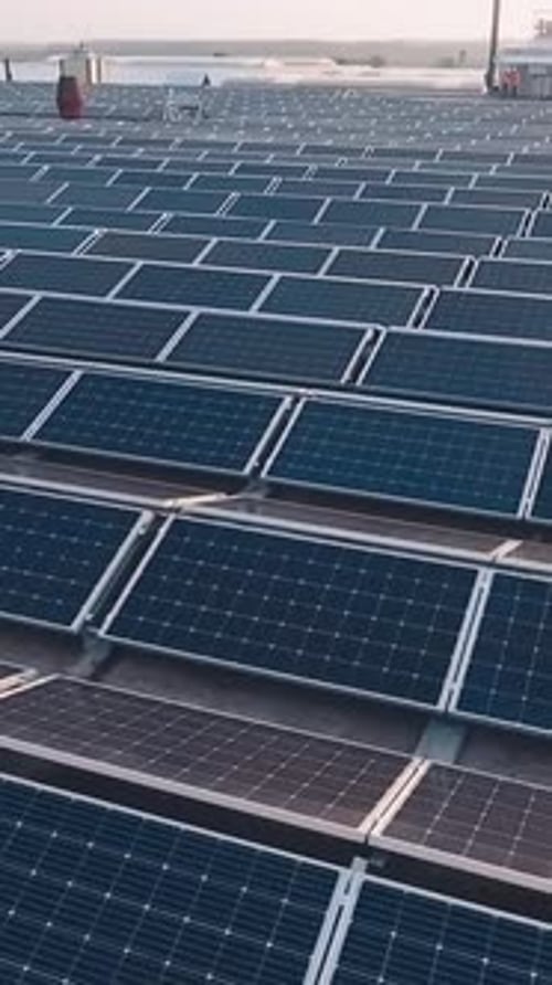 Solar panels photovoltaic system. Aerial of photovoltaic power plant on roof