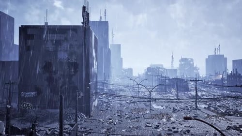 Post War Foggy Destroyed City in Rainy Day