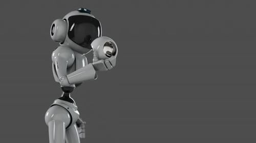 3D Robotic Figure Examining Metallic Orb Animation