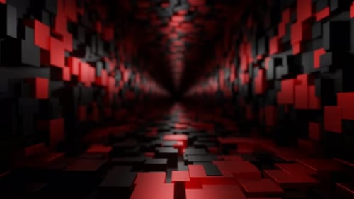 Movement and rotation of the camera along an abstract tunnel made of red and black cubes. Seamless a