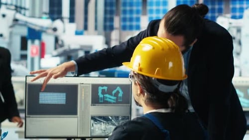 Solar Panel Plant Manager Showing Engineer How to Develop Prototypes