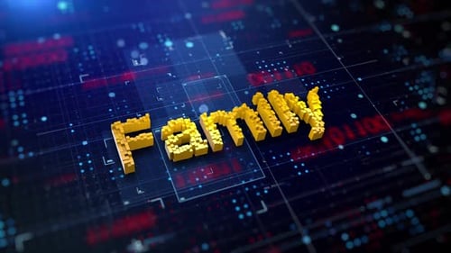 3D Pixelated Family Text on Futuristic Digital Grid