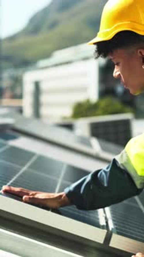 Grid, solar panel and install with person in city for renewable energy, photovoltaic cell