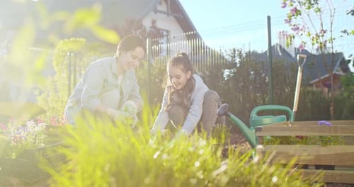 Beautiful Caucasian Woman Teaching Small Teen Cute Pretty Girl to Plant Flowers in Garden on Sunny