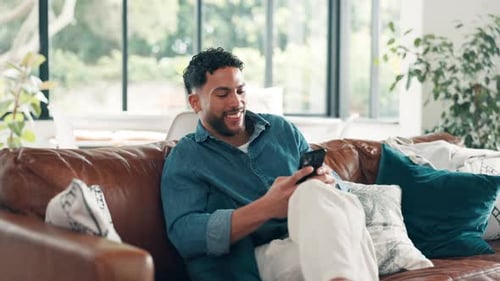 Happy, man and texting with smartphone, lounge and communication with contact, app and social media