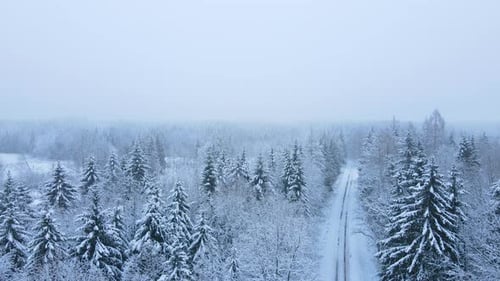 Aerial view over snowy winter landscape with snow covered trees and road into distance