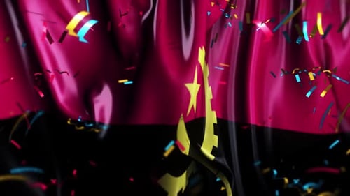 Waving Angola Flag with Falling Confetti for Celebrations