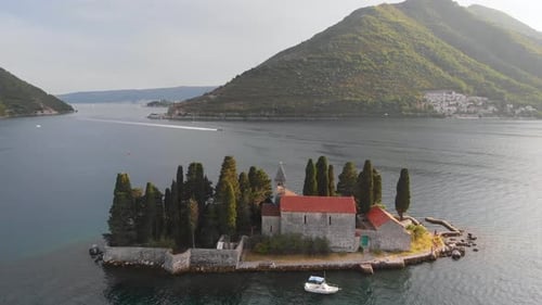 Aerial View of Lady of Tickle Church or Gospa Od Skrpjela in Perast Montenegro