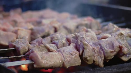 Nahaufnahme von Rinder-Shish Kebabs, Grillen im Freien. Rinder-Kebabs, die auf einer Kohlenpfanne zubereitet
werden