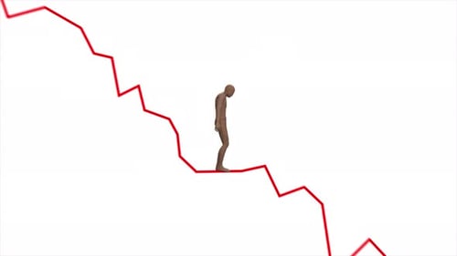 Animated Businessman Walking Through Rising and Falling Graph Lines Visualizing Stock Market
