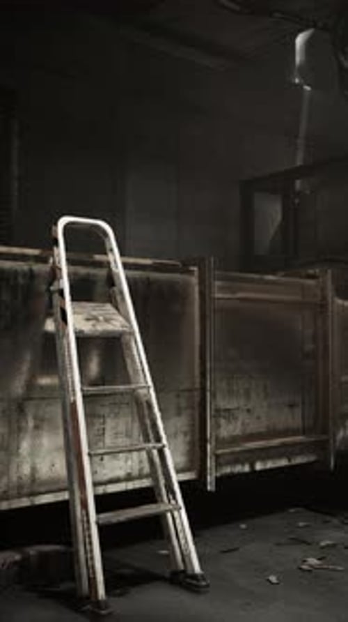 Old Ladder Rests in an Abandoned Warehouse Filled with Shadows and Dust