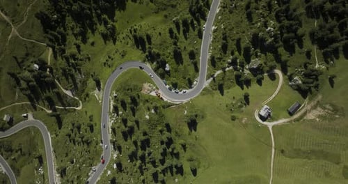 Aerial view of Passo Gardena, Dolomites Mountains, Trentino, Italy.