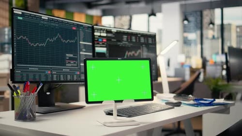 Stock Market Metrics Displayed on Isolated Screen Tablet in Investment Firm